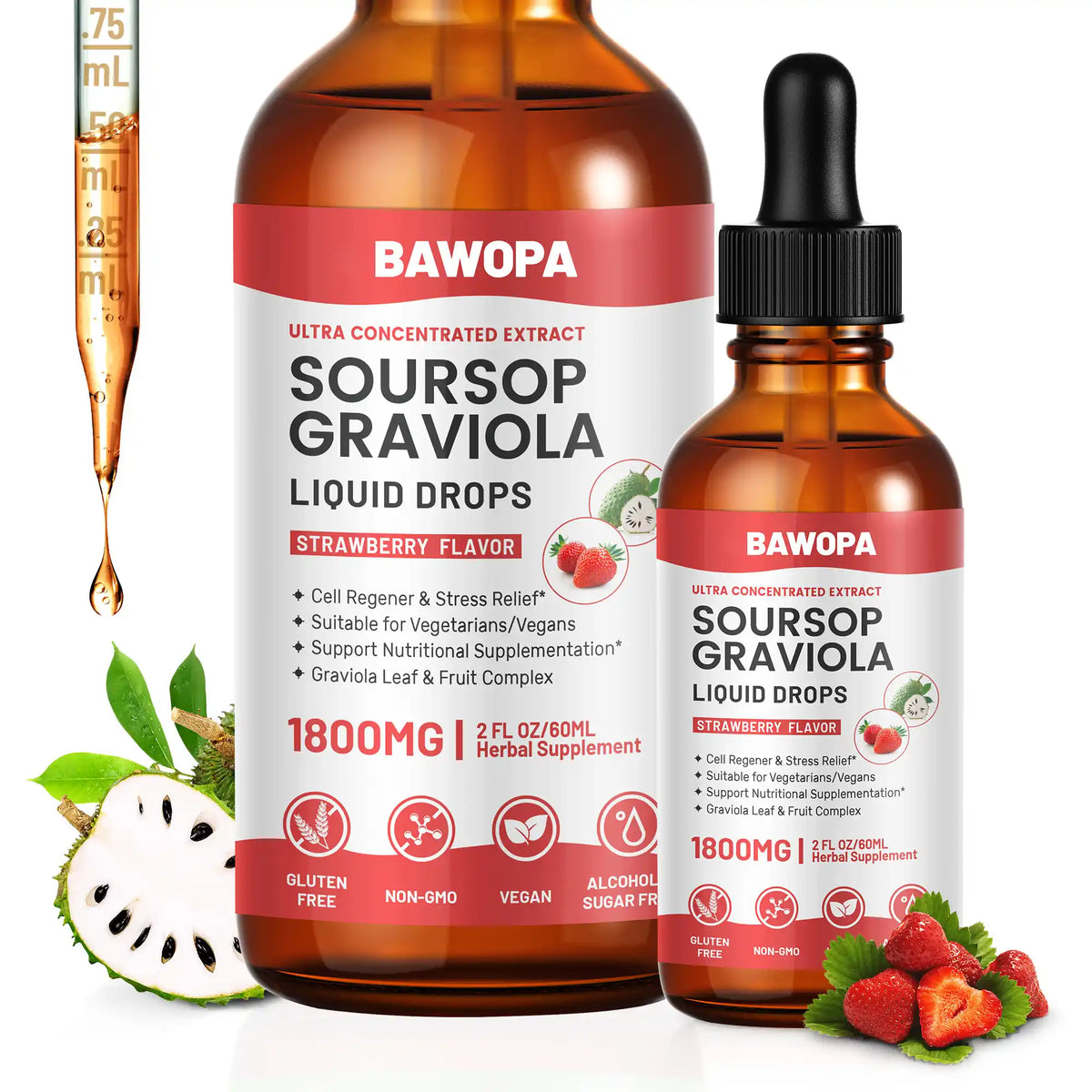 BAWOPA Graviola Soursop Leaf Extract Liquid - Nutritional supplements, Strawberry Flavor, 2 Fl Oz